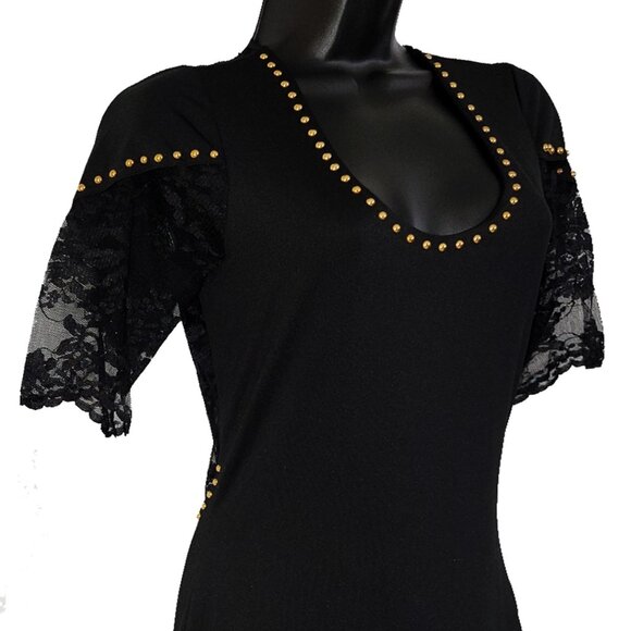 Lace & Gold Studs Embellished Women's Black Dress - Picture 3 of 7